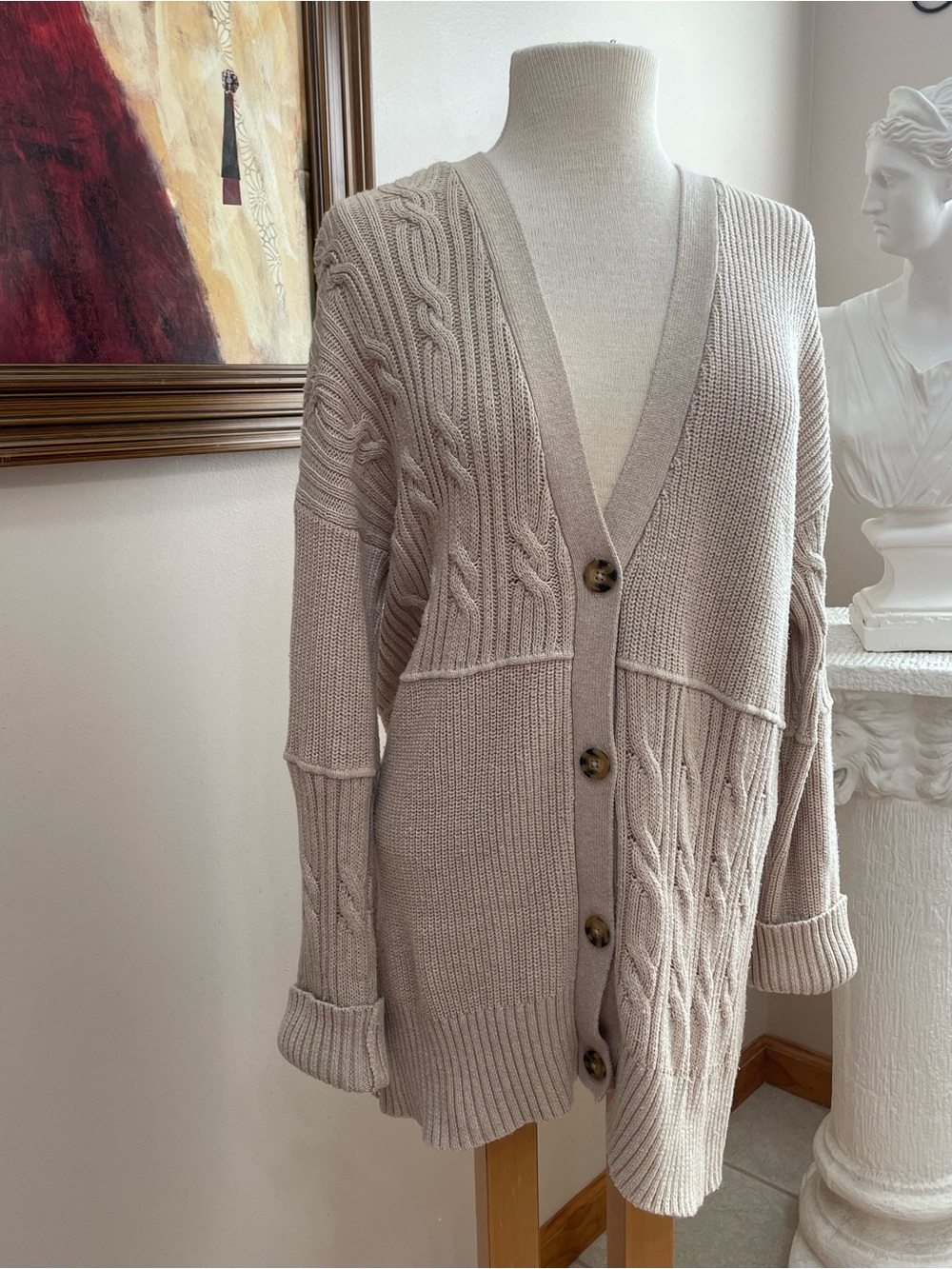 Joie Beige Long Cable Knit Cardigan L with Buttons